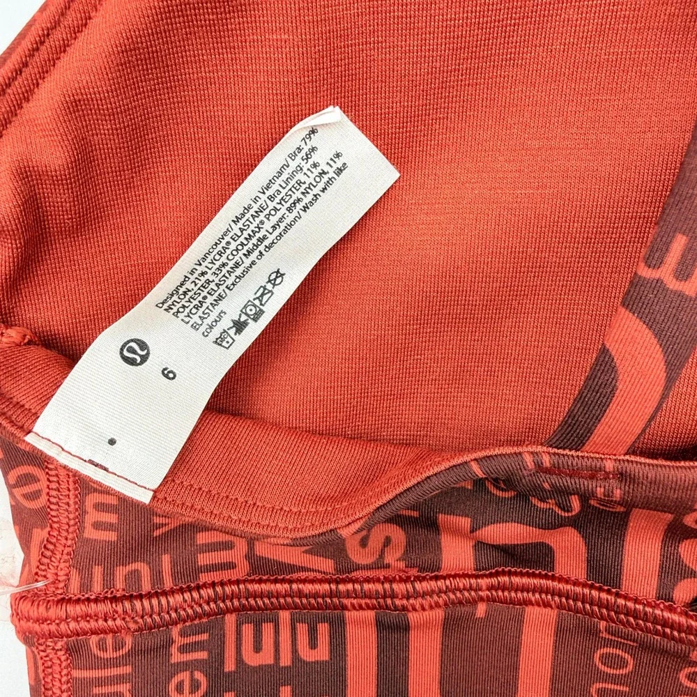 Lululemon Energy Bra High Neck Long Line Women 6 Red Logo Print Yoga Pilates C/D